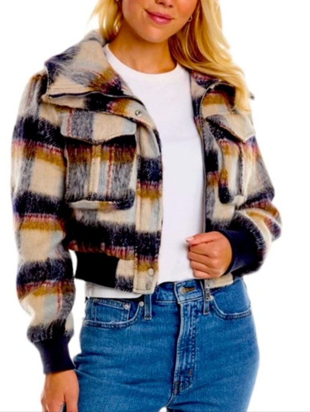 7 For All Mankind Fuzzy Warm Cream Multi Plaid Cropped Bomber Jacket Funnel Neck
